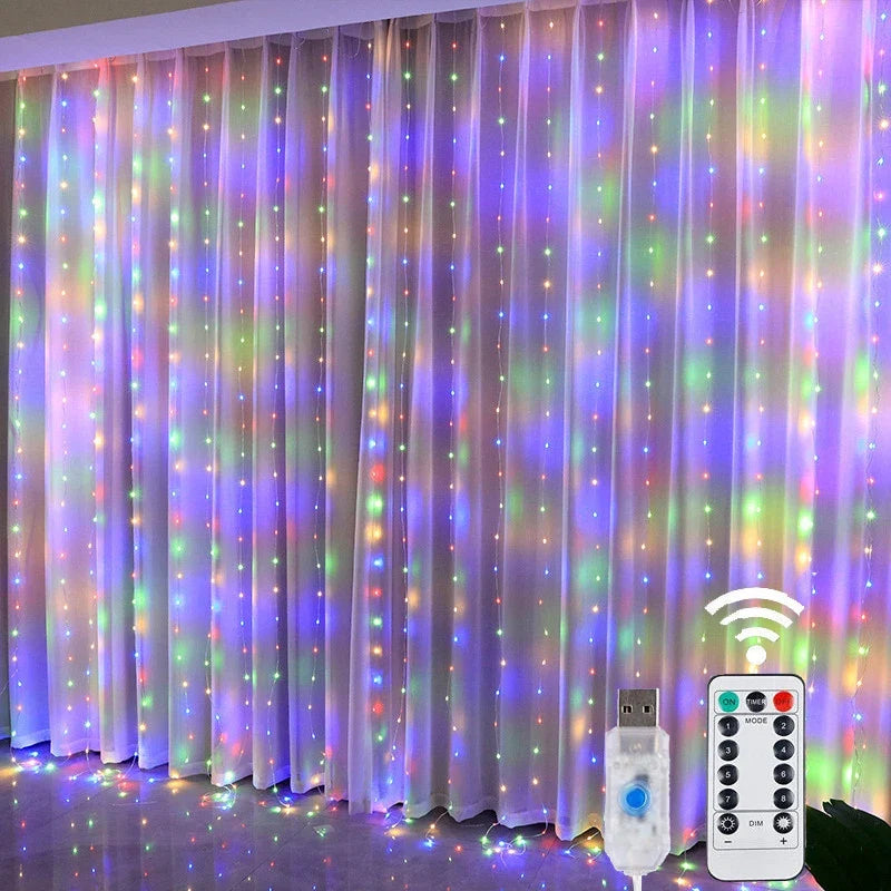 Christmas Lights 300LED Fairy String Curtain Lights 8 Mode Remote USB Festoon Christmas Decor For Home Holiday New Year Lamp